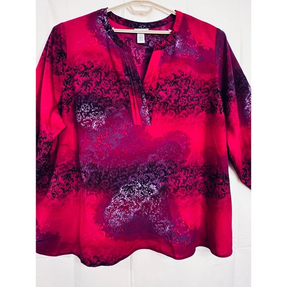 Catherines Womens 4X Red & Purple Floral Tunic Blouse Fairy Comfy Pintuck - Picture 3 of 16